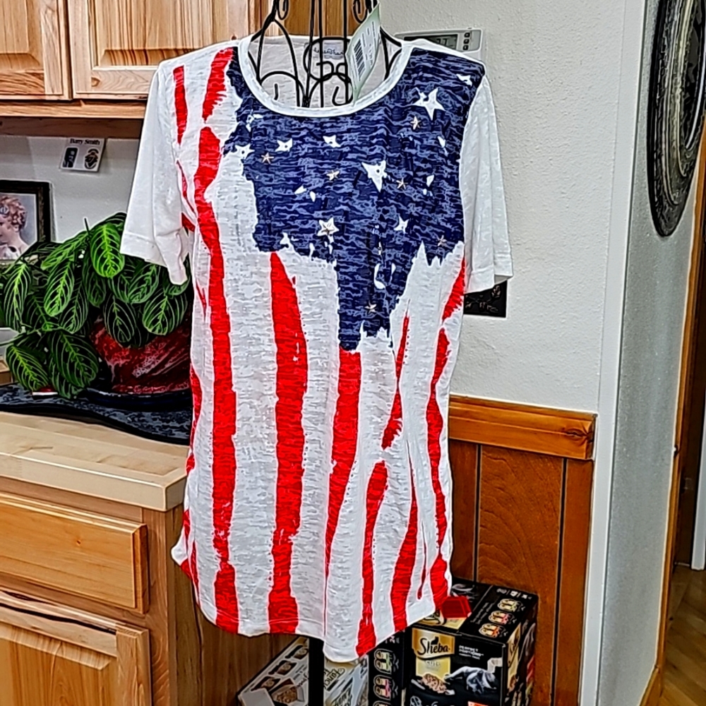 RED WHITE AND BLUE TOP WITH STARS AND BLING.  BRAN NEW WITH TAG.